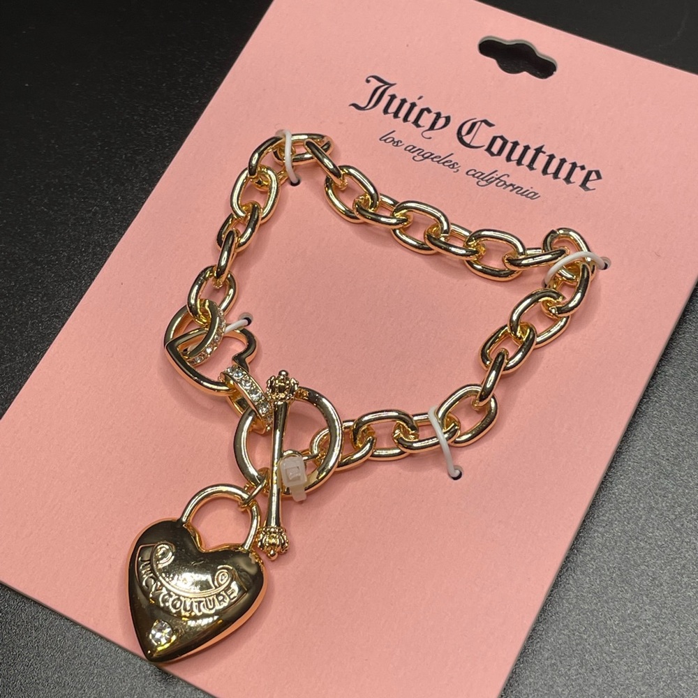 NWT Juicy Couture Heart Charm Bracelet, Goldtone Links Heart Logo Scepter Crown